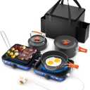 Hisencn Camping Stove,2 Burner Propane Stove,20000 BTU/h Camping Cooking set Includes Frying Pan,Kettle and Pot,Adjustable Burners & Piezo Ignition,Portable stove for camping Outdoor,Blue (Navy)