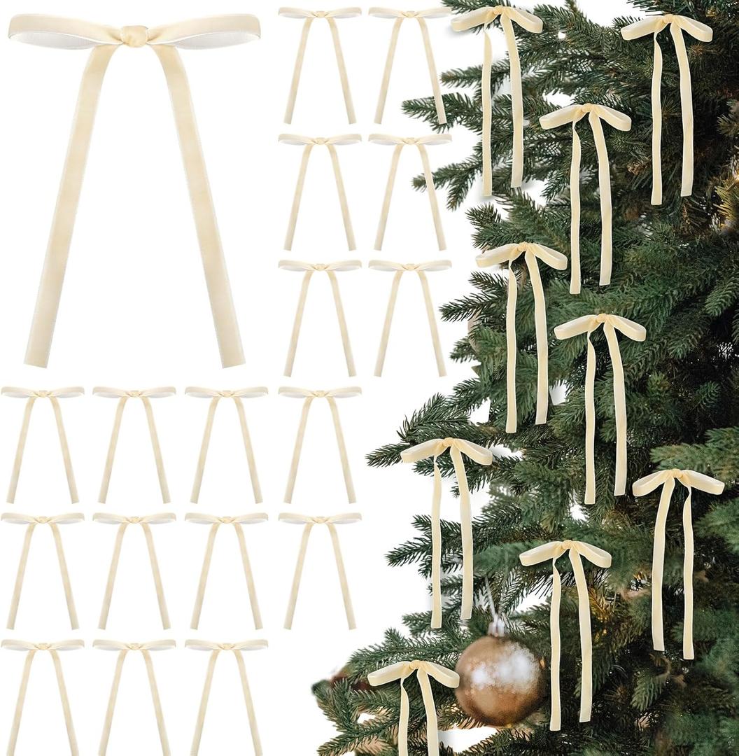 24 Pcs Velvet Bows Christmas Tree Ornaments Vintage Velvet Ribbon Bows for Tree Garland Wreath Indoor Xmas Decorations(5 x 7 Inch, Width of 3/8", Beige)