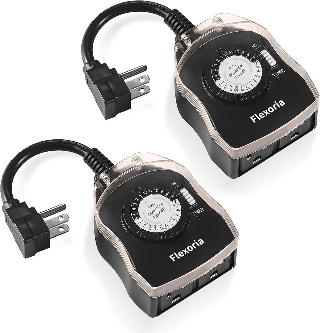 Outdoor Timer Outlet Waterproof, 24 Hour Mechanical Plug in Light Timer, 2 Grounded Outlets for Christmas Lights, 15A 1/2 HP, ETL Listed (2 Packs)