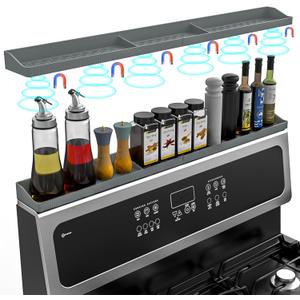 Magnetic Stove Shelf for Back of Stove, 30 Inch Silicone Stove Top Spice Rack for Kitchen Organization, Heat Resistant Over the Stove Shelf with 6 Powerful Magnets, Fits Flat & Curved Stoves- Grey