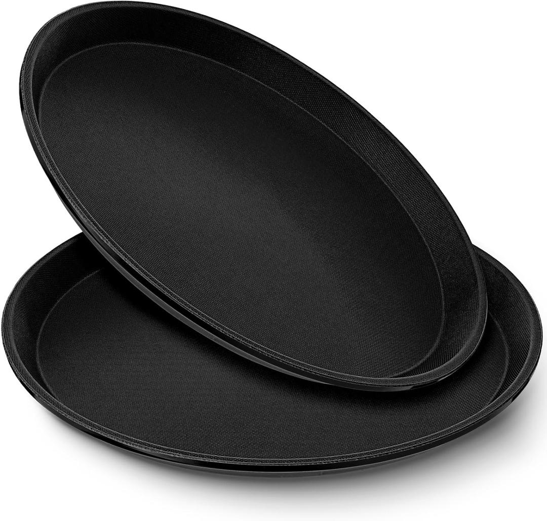 Zopeal 2 Pieces Black Round Restaurant Serving Tray, Plastic Non Slip Surface Food Meals Server Tray with Raised Edges for Home, Kitchen, Restaurant, Cafeteria, Bar (11")