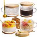 Vintage Coffee Mugs Glassware Set of 4-14oz Leak Proof Overnight Oats Containers with Lids and Spoons, Hobnail Glass Cups with Bamboo Lids, Ideal Coffee Bar Accessories Perfect for Drinks, Tea