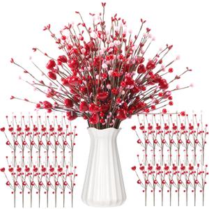 36 Pcs Valentine's Day Decorations Valentine's Day Berry Picks 17 Inch Artificial Red Heart Shaped Berry Picks with Red Pink Berries Floral Stems for Weddings Anniversaries Birthday Parties