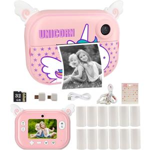 Instant Print Camera for Kids with 12 Rolls Refill Paper, Digital Camera for Girls Christmas Birthday Gifts, 32G SD Card (Light Pink)