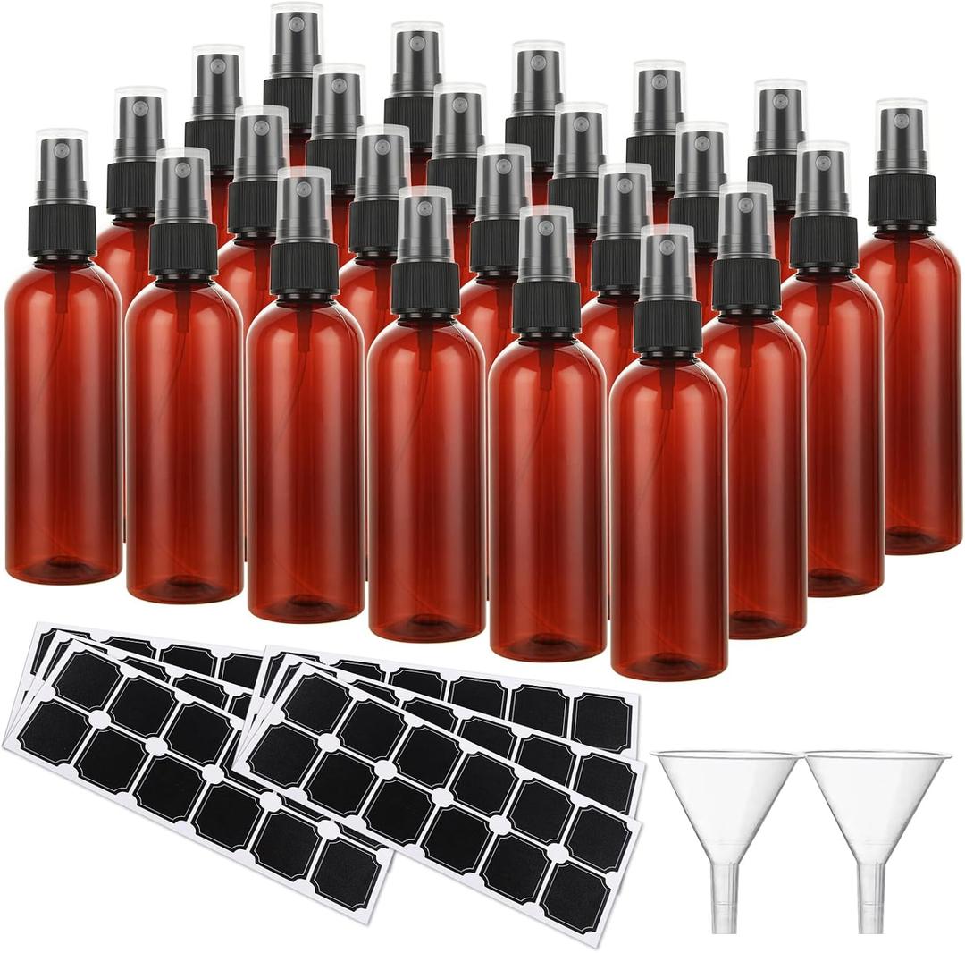 ABuff 60 Pack Plastic Spray Bottles 4oz Small Empty Fine Mist Spray Bottles Amber Clear Bottles for Essential Oils, Bath, Beauty, Hair & Cleaning, Small Sprays Bottle for Travel, With 10 Funnels