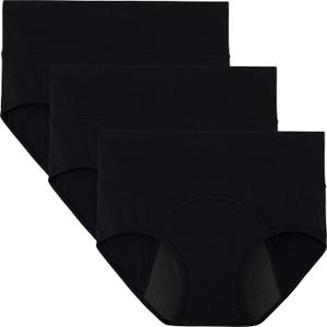 INNERSY Women's Period Underwear High Waisted Postpartum Maternity Panties 3-Pack (Large, Black With Dark Lining)