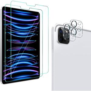 QHOHQ [2+2 Pack Tempered Glass Screen Protector for iPad Pro 11 2022/2021/2020 (4th/3rd/2nd Generation) with Camera Lens Protector, Ultra HD, Anti-Scratch, Designed for Face IDApple Pencil