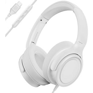 USB C Wired Over-Ear Headphones with Microphone, Hi-Fi Stereo Sound, Noise-Isolating Ear Cups, Comfortable Fit for iPhone15/16, Samsung Galaxy S24/S23, Type-C Phones & Tablets (White)