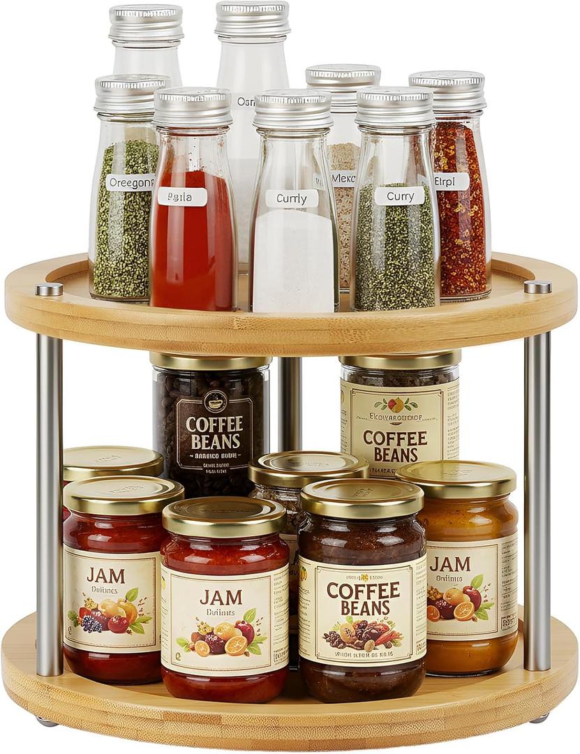 2 Tier Lazy Susan Organizer, Revolving Spice Rack,10 inch Wood Lazy Susan Turntable for Cabinet, Shelf, Countertop, or Table