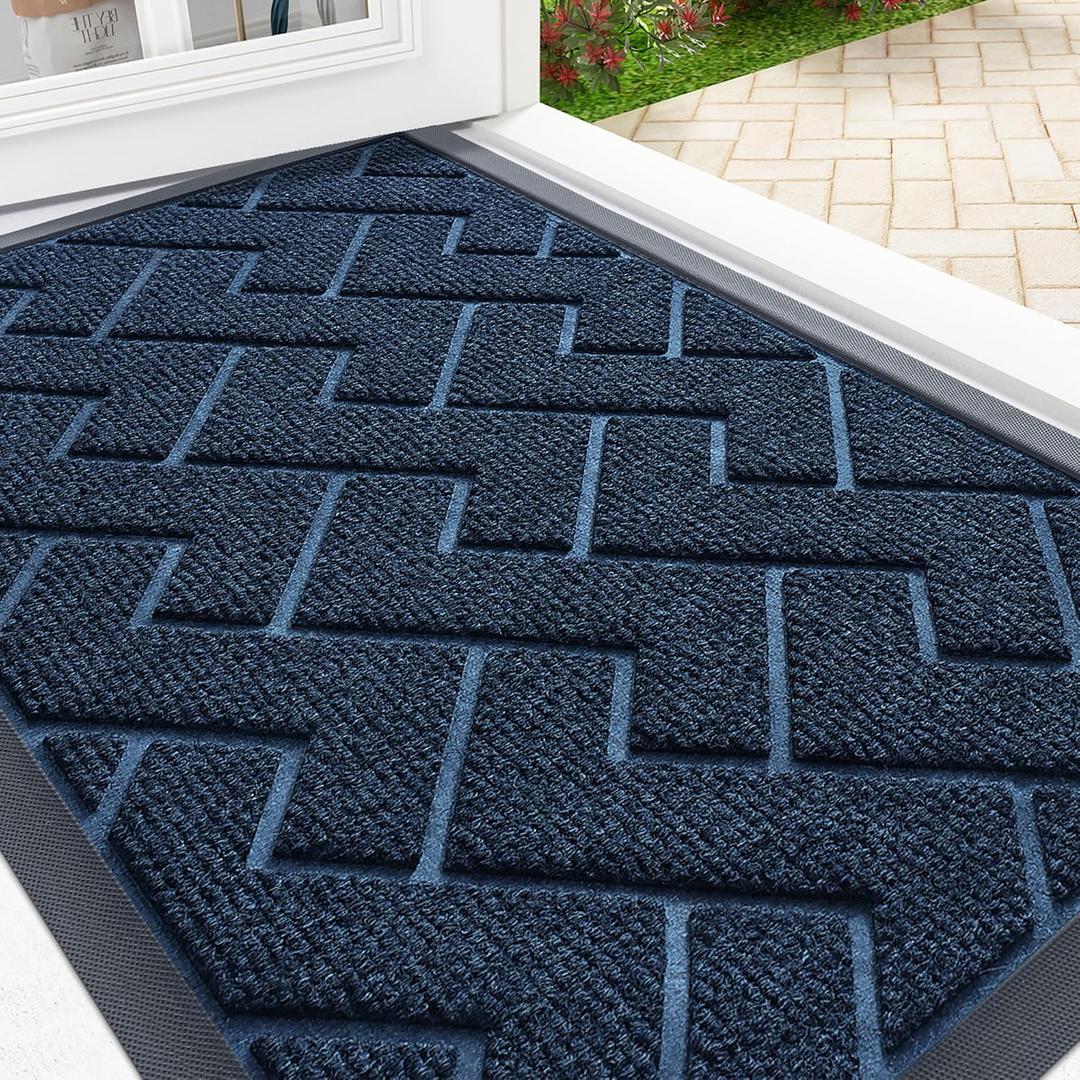 OLANLY Front Door Mat Indoor Outdoor Entrance, Waterproof All-Season, All-Weather Welcome Doormat, Sturdy Natural Rubber, Low Profile, Easy Clean Patio Porch Entryway Outside Floor Mat, 47x32, Blue