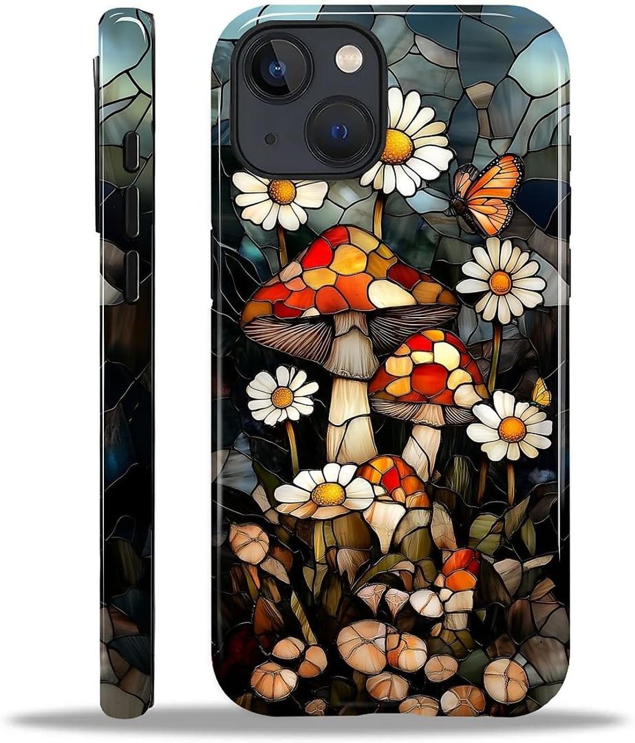 Case Designed for iPhone 13 14, Hybrid 2-Layer Case, Military-Grade Protection Durable Shockproof Anti-Scratch Phone Case, Stained Glass Mushrooms