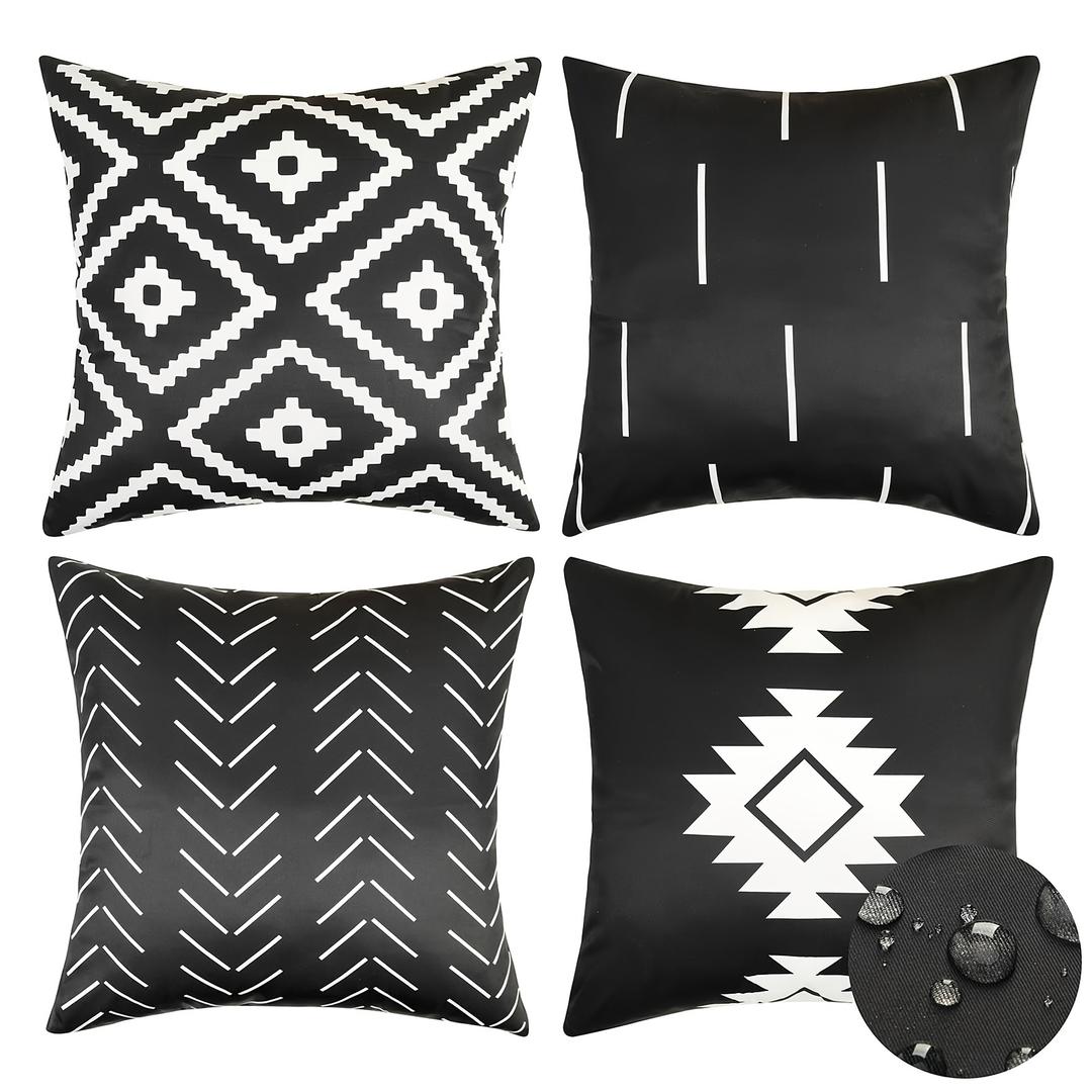 Outdoor Waterproof Throw Pillow Covers 18x18 Inch Black and White Modern Geometric Decorative Pillows Cover Set of 4 for Patio Garden Porch
