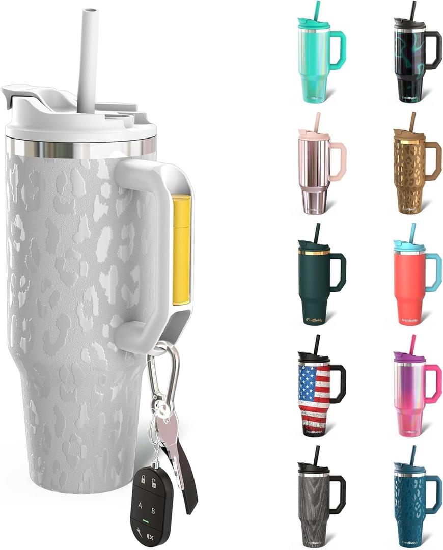 Frost Buddy Thicc Buddy - 40 oz Stainless Steel Vacuum Insulated Tumbler with Lid and Straw for Water - Travel Mug Cupholder Friendly - Gifts for Women Men Him Her (White Leopard)