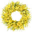 Sggvecsy Spring Wreaths for Front Door 21 Inches Artificial Forsythia Flower Wreath Summer with Yellow Daisy Lavender Green Leaves Silk Floral for Wall Home Indoor Outdoor Decor