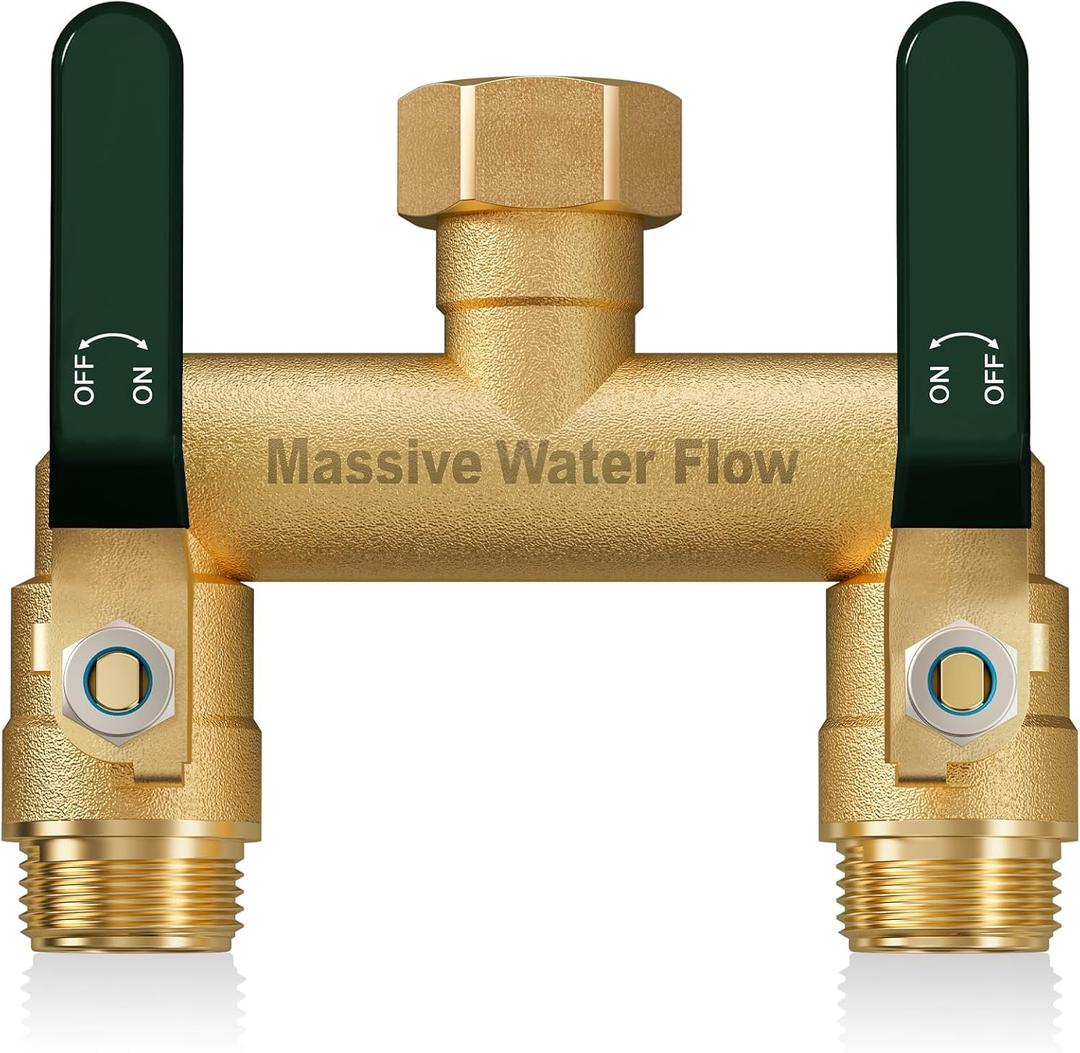 Hose Splitter 2 Way Heavy Duty, Full Flow Garden Hose Splitter with 2 Long Metal Handles, Brass Rust and Freeze Resistant Water Hose Bib Splitter, T Adapter Connector with 3/4 - Inch GHT Thread（Green）