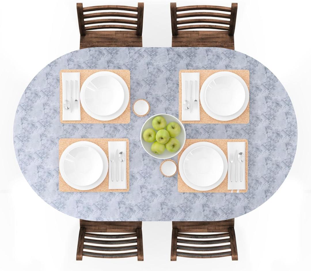 UMINEUX Oval Fitted Vinyl Tablecloth with Elastic Edged & Flannel Backing, Waterproof Wipeable Oval Table Cover - Fits Tables up to 42"X68" (GrayMarble) 