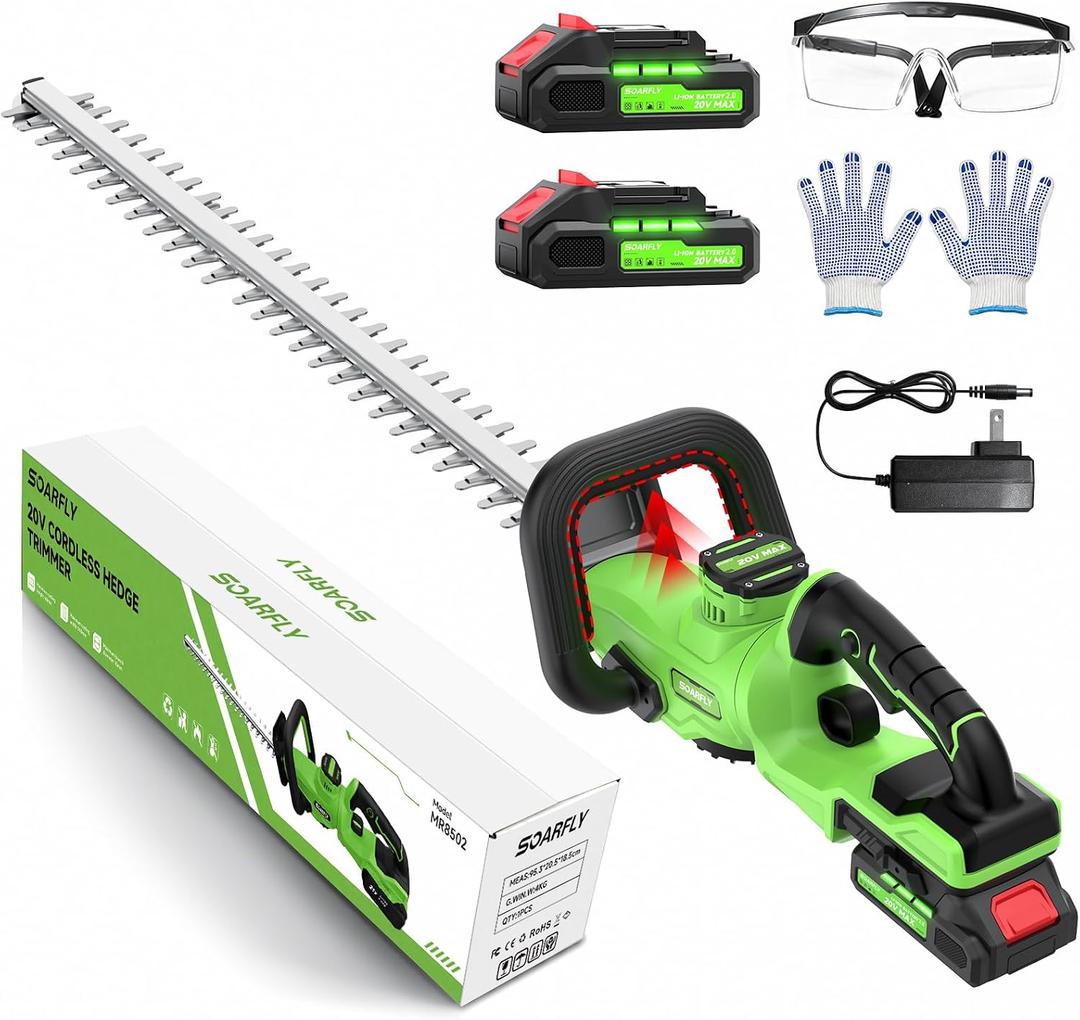 22'' Hedge Trimmer Cordless with Battery 2×2.0Ah, SOARFLY 3000RPM 180° Rotatable Handle Electric Hedge Trimmer, Dual Safety Lock 20V Powerful Bush Trimmers Tree Trimmer for Garden Lawn Yard Pruning