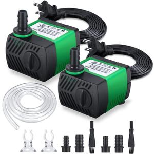 CWKJ 2 Pack 80GPH (4W 300L/H) Submersible Water Pump with 4.9ft Tubing (1/3-Inch ID), 3 Nozzles for Aquarium, Pond, Fish Tank, Hydroponics