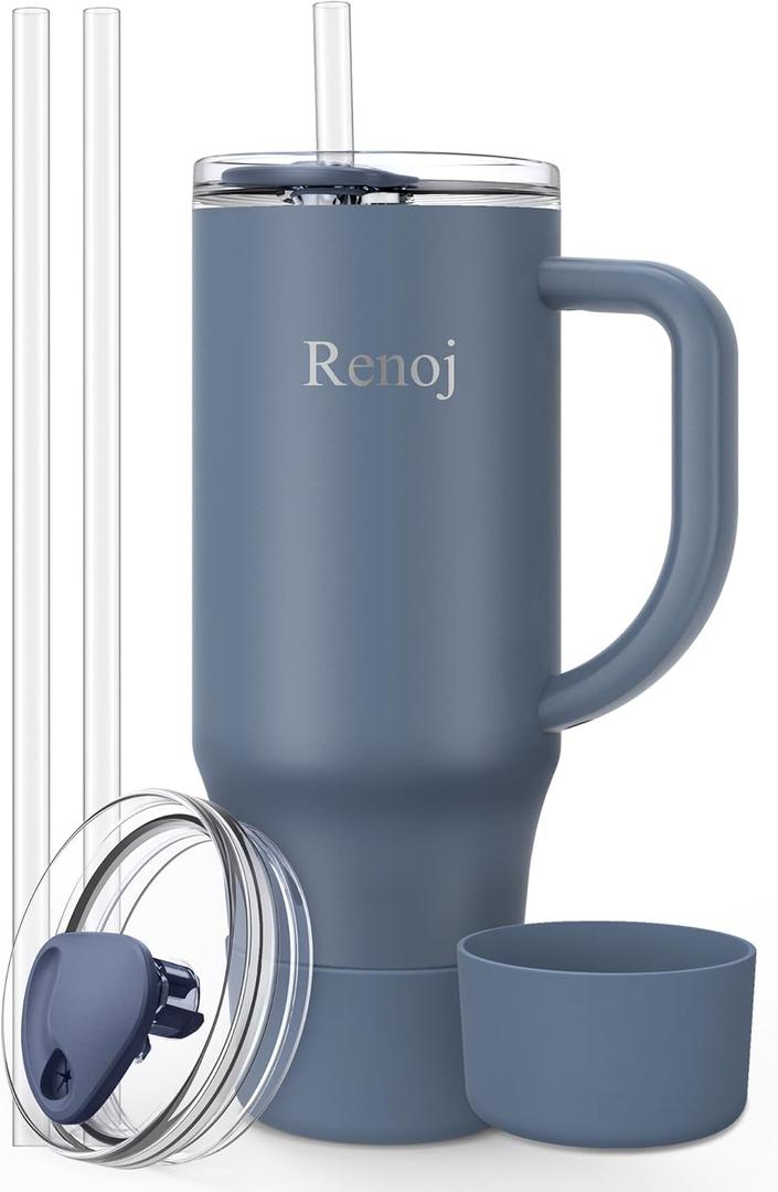 Renoj Insulated Mug 100% Spill Resistant Insulated Water Bottle for Iced Coffee & Hot Drinks - Fits Car Cup Holder, Ideal Gift, 2 Straws & Silicone Boot - FlexSlide Navy Blue 40 oz