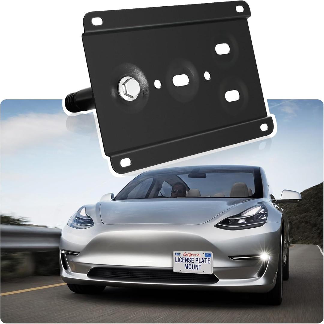 Anti-Theft License Plate Holder Compatible with 2017-2023 Tesla Model 3, Front Tow Hook License Plate Bracket Mounting Kit, No Drill Bumper Frame