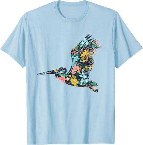 Floral Pelican Silhouette Womens Girls Graphic T-Shirt, L