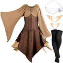 Eurzom 5 Pcs Medieval Fairy Costume Set Women Renaissance Dress Elf Girl Cosplay Ears Accessories Rhinestone Drop Headpiece(Khaki, Coffee, Small)  