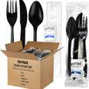 100 Pack Medium Weight Wrapped Black Plastic Cutlery Pack with Napkin and Salt/Pepper Packets (Black)