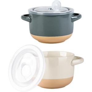 AmorArc 24 Ounces Soup Bowls with Large Handles and Lids, Stoneware Bowls Set of 2 for Soup, Cereal, Stew, Noodle, Colourful Ceramic Kitchen Bowls, Microwave&Dishwasher Safe, Grey&Beige