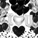 I Love You Balloons for Him, Black and Silver Heart Shaped Balloons with 2000 Black Rose Petals, Romantic Decoration Kit for Anniversary, Proposal, Valentine's Day Romance