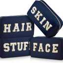 Cunno 4 Pcs Preppy Makeup Bags Chenille Letter Stuff Bag Nylon Cosmetic Pouch Cases with Zipper for Women Travel Toiletry (Classic, Dark Blue)