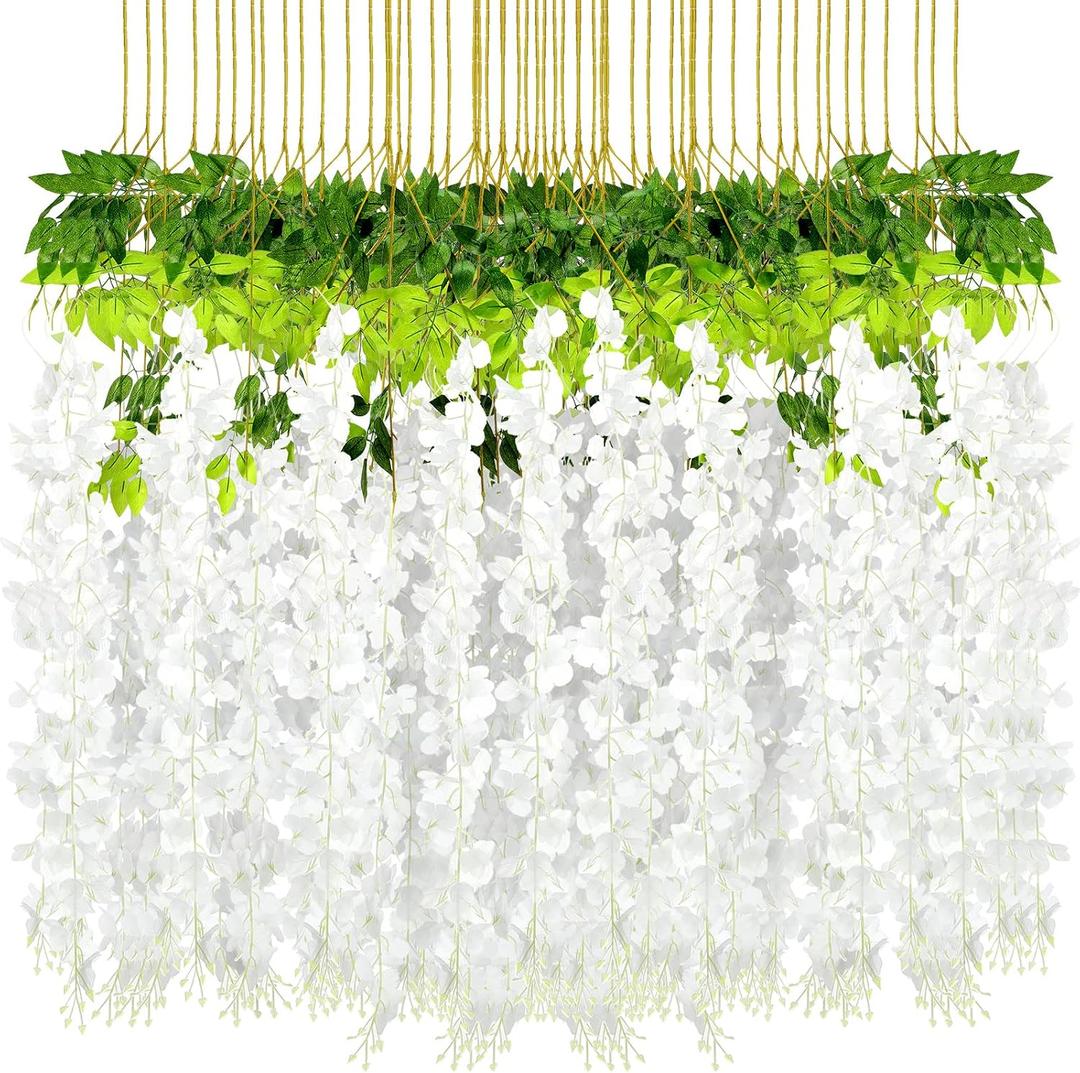 Yunsailing 108 Pack 43.2 in/ 3.6 ft Artificial Fake Wisteria Hanging Flowers Wisteria Faux Flowers Garland Silk Vine Rattan Long Hanging Flowers String for Home Outdoor Wedding Party(White)