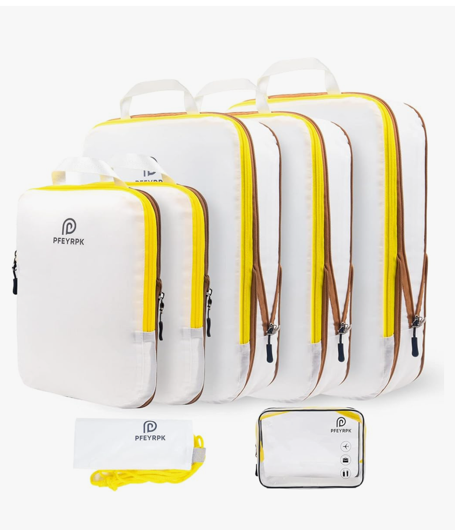 Lightweight Compression Packing Cubes for Suitcases, Compressible Expandable Travel Packing Organizer with Clear Toiletries and Backpack Bag, Travel Essentials for Carry on Luggage 7 Set