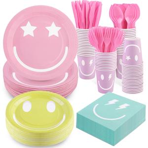 durony 350 Pieces Preppy Smile Face Party Decorations Pastel Party Supplies Include Smiley Paper Plates Napkins Cups Forks Knives Spoons for Preppy Pastel Birthday Party Decorations, Serve 50 Guest