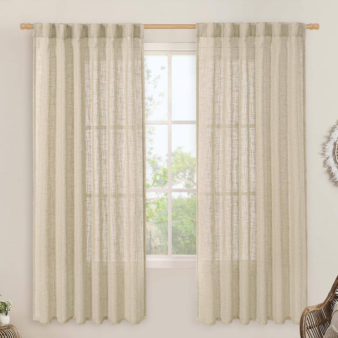 LAMIT Natural Sheer Linen Curtains for Bedroom, Faux Linen Textured Light Filtering Drapes Back Tab and Rod Pocket Boho Neutral Burlap Panels for Farmhouse/Living Room, 2 Panels, 52 x 72 Inch