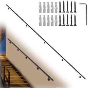 15Ft Industrial Metal Stairs Handrail Kit, Sturdy Wall Mount Aluminum Hand Rail, Indoor Outdoor Stair Railing Wood Concrete Brick Wall,1.5 in Round Pipe Grab Bar, Matte Black-15FT