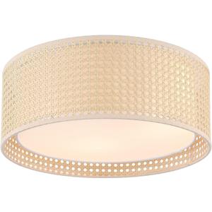 WINGBO 20" Modern 5-Light Flush Mount Ceiling Light Fixture with Rattan & Fabric Double Drum Shade for Bedroom Living Room Dining Room Hallway Entryway, Khaki