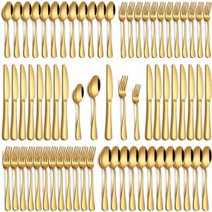 60 Piece Gold Silverware Set, Stainless Steel Flatware Set for 12 Food Grade Cutlery Utensil Set Include Knife Fork Spoon Mirror Polished Dishwasher Safe