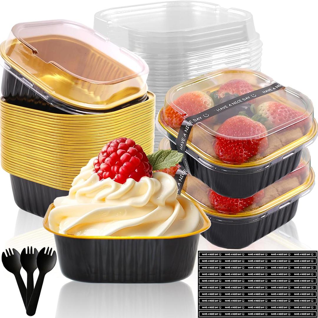 10oz Mini Cake Pans With Lids 50 Pack Aluminum Foil Square Brownie Baking Cups, Disposable Loaf Pans With Lids and Spoons Stickers, Large Cupcake Pans Muffin Tins Cake Container(Black)