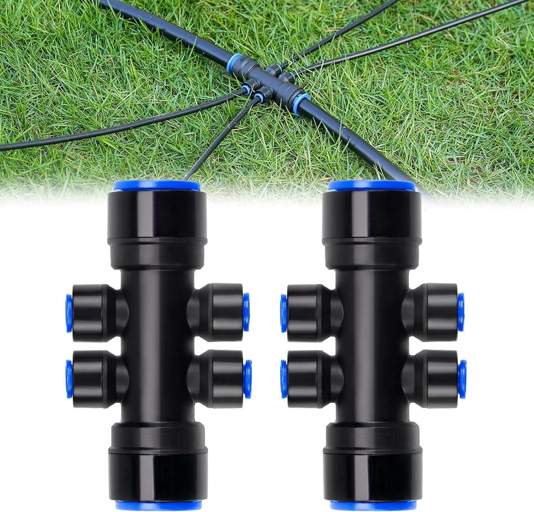 HIRALIY 2PCS 6-Way Connector Part, Drip Irrigation Fittings, 1/4" Interface (Distribution Tubing) and 15mm Interface (Main Hose), for HIRALLY Quick Connect Drip Irrigation Kit