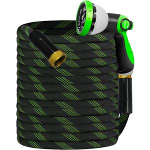 Garden Hose 25 FT, NON-EXPANDABLE Heavy-Duty Flexible & Lightweight Water Hose with 10-Function Nozzle, No-Kink Design, Leak-Proof Super Fabric, Solid Fittings for Lawn, Car, RV (Black)