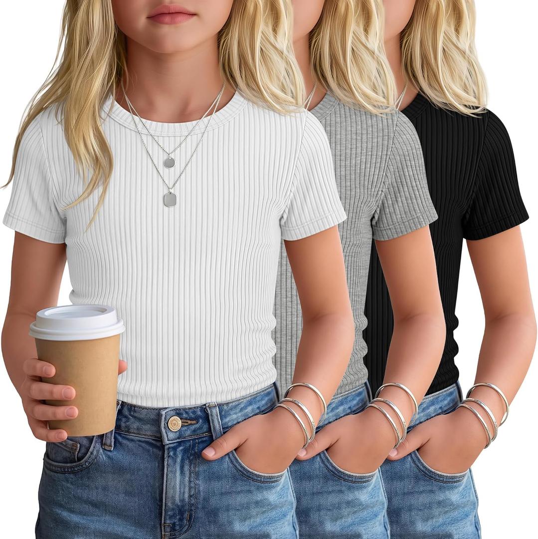 3 Pack Girls Short Sleeve Slim Fit Tops | Cotton, Tight, Ribbed Knit, Crewneck, Round Neck, Cute, Casual, Basic Tees, Solid, Plain, Summer, Versatile, Comfortable