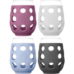 Lifefactory Wine Glass with Protective Silicone Sleeve, 4 Count (Pack of 1), Carbon, Optic White, Periwinkle, Wisteria