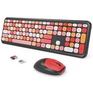 Wireless Keyboard and Mouse Combo, Ergonomic Full Size Typewriter Retro Round Keycaps Keyboard, Compatible with Windows, PC, Perfer for Home and Office Keyboards 