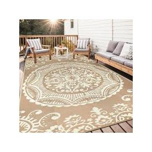 Capslpad Outdoor Rug 8x10 Patio Waterproof Boho Floral Plastic Straw Rug Large Foldable Vintage Outside Carpet with Carry Bag for RV Backyard Balcony Bench Picnic Porch, Teal