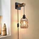 CAFULAM Rustic Wall Sconces Fixtures with Plug in Cord, Set of Two Indoor Vintage Rattan Wall Light Industrial Lamp Fixture Farmhouse Metal Sconces Light for Bedroom Bedside Living Room