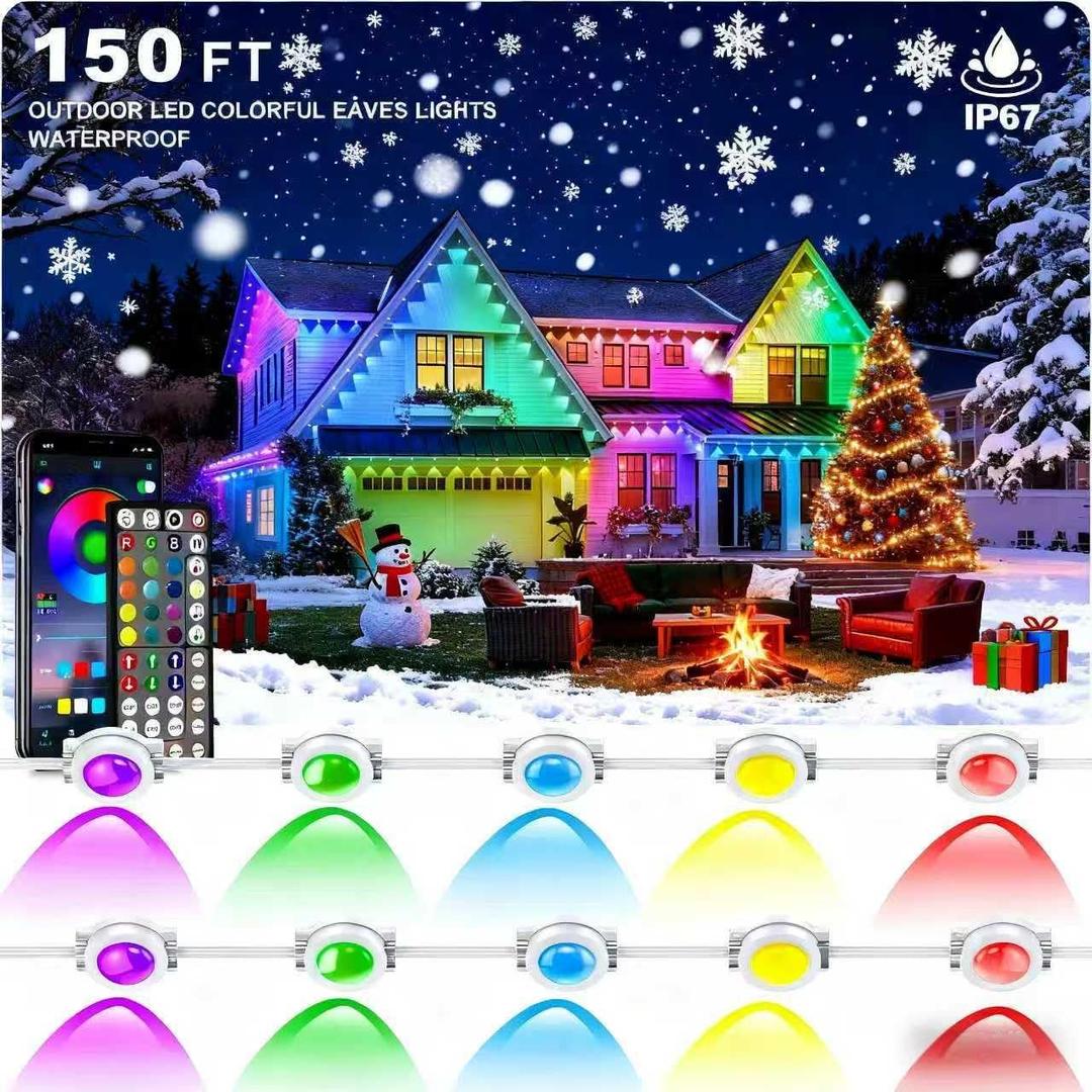 TltZeen Permanent Outdoor Lights 150FTSmart RGB Eave Lighting with App & Remote Control, IP67 Waterproof for House Exterior, Garden, Holiday, and Party Decor