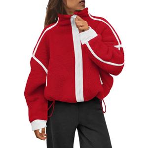 Womens Sherpa Fleece Jacket Zip Up Fuzzy Casual Oversized sweatshirts with Pockets Fall Winter Cozy Outerwear (Large, Red)