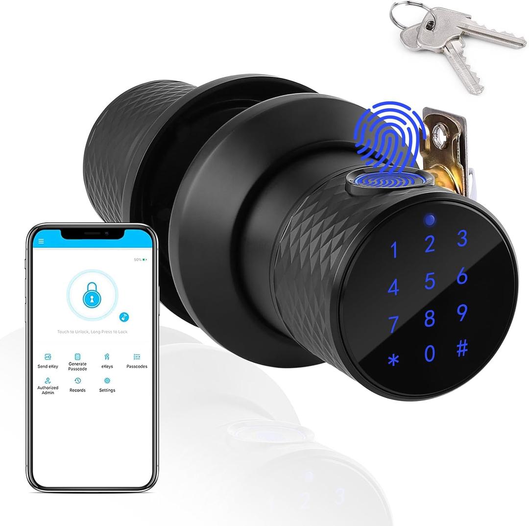 Fingerprint Door Knob, FITNATE Smart Fingerprint Lock with Tuya App Control,255 Users,Password Management, Anti-Slip Handle Door Knob for Bedroom,Home,Hotel,Office (Black)