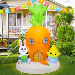 Joliyoou 6FT H Easter Inflatable Yard Decoration, Lighted Giant Carrot House with Bunny & Chick, Light Up Air Blown Rabbit Holding Easter Egg Lawn Garden Spring Indoor Outdoor Decors