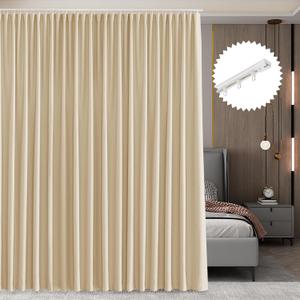 RYB HOME Ceiling Mount Room Divider Curtain Set with Sliding Track for Bedroom/Living Room/Basement/Patio/Sliding Glass Door Blackout Privacy Assured, Wide Drape, W100 x L84, Beige, 1 Panel